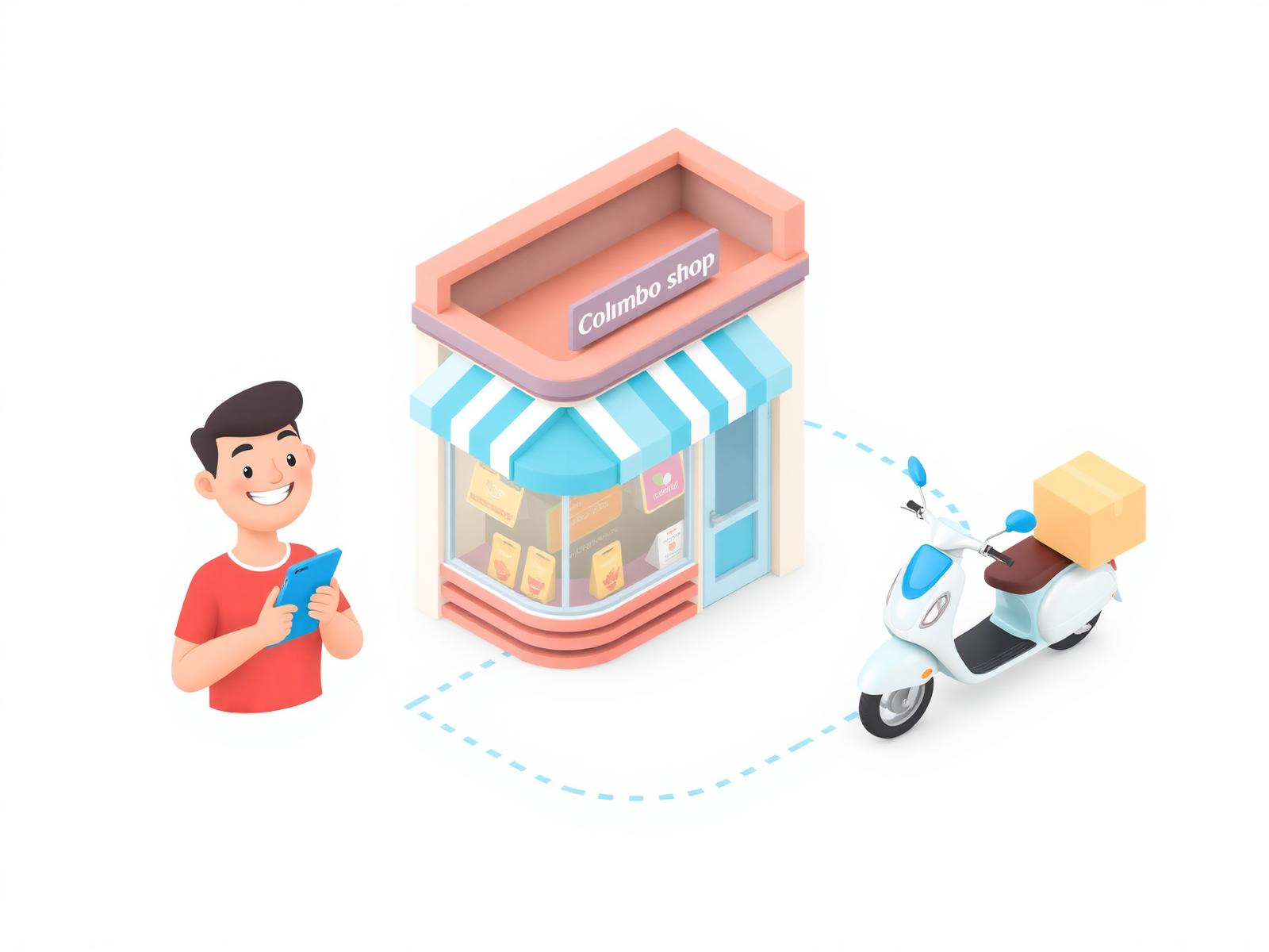Customer, Colombo shop and delivery scooter